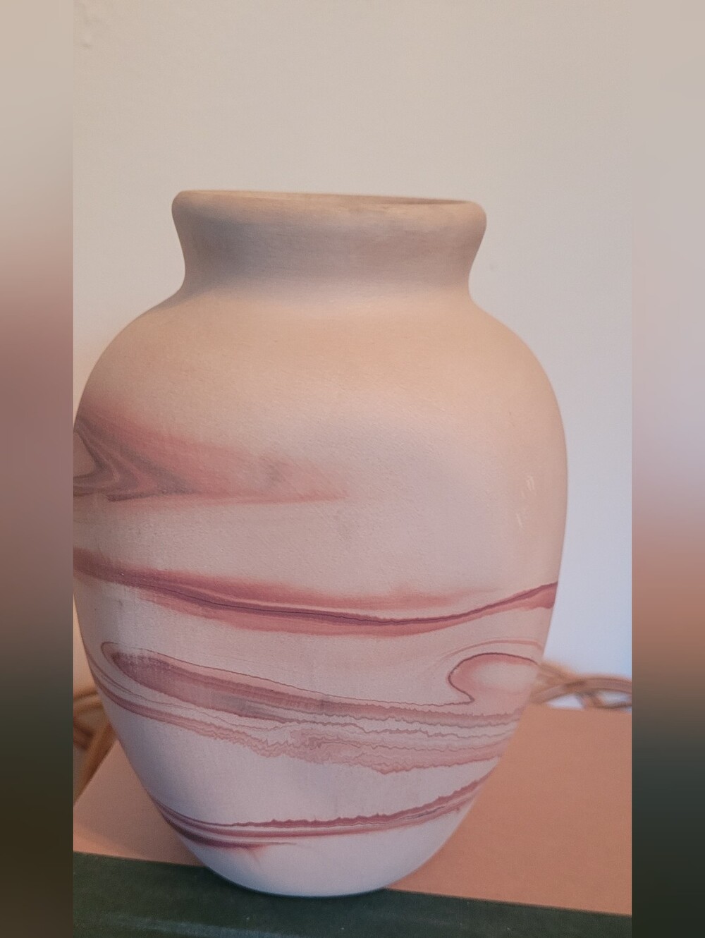Handcrafted Nemadji Pottery Vase with Pink Marbled Stripes